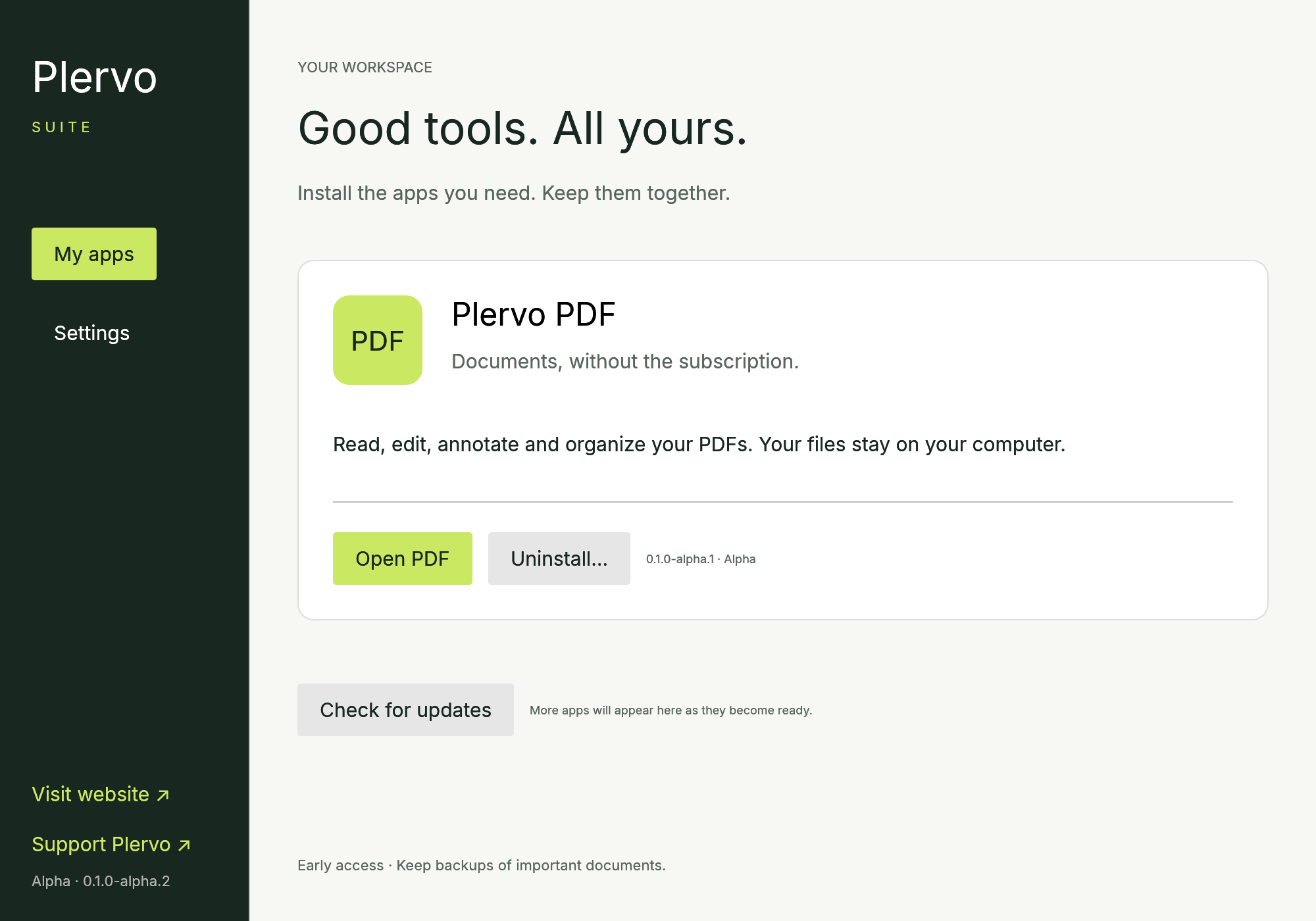 Plervo Suite · Actual alpha interface